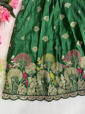 Green pure viscose dola silk with embroidery border lace lehenga choli for kids 4
