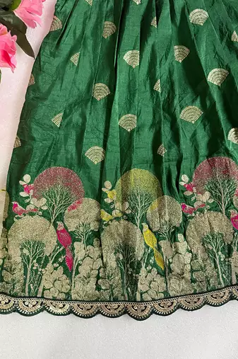 Green pure viscose dola silk with embroidery border lace lehenga choli for kids