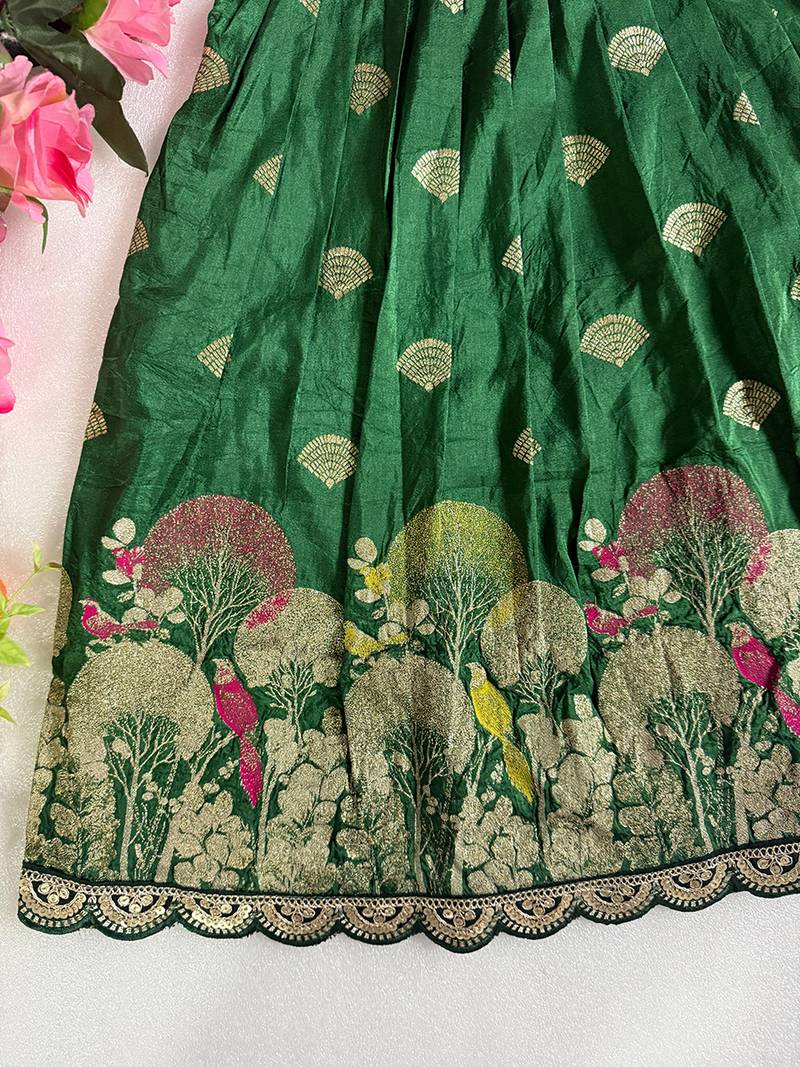 Green pure viscose dola silk with embroidery border lace lehenga choli for kids