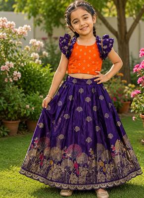 Purple pure viscose dola silk with embroidery border lace lehenga choli for kids 1