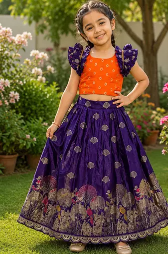 Purple pure viscose dola silk with embroidery border lace lehenga choli for kids