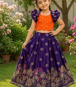 Purple pure viscose dola silk with embroidery border lace lehenga choli for kids