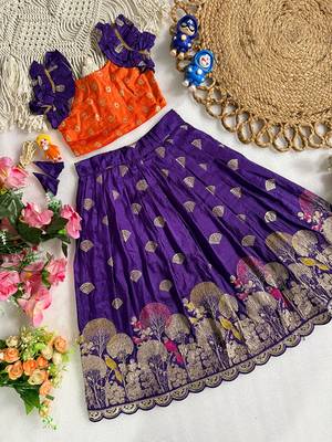 Purple pure viscose dola silk with embroidery border lace lehenga choli for kids 2