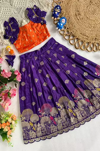 Purple pure viscose dola silk with embroidery border lace lehenga choli for kids