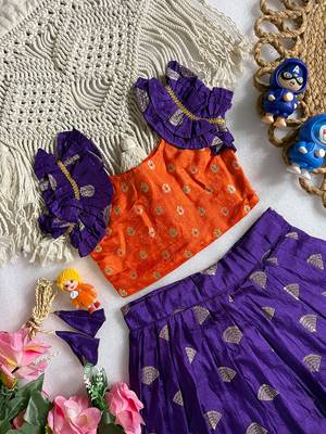 Purple pure viscose dola silk with embroidery border lace lehenga choli for kids 3