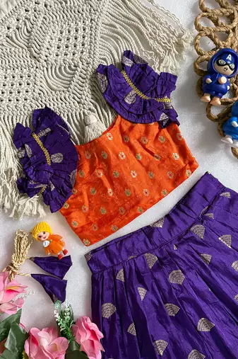 Purple pure viscose dola silk with embroidery border lace lehenga choli for kids