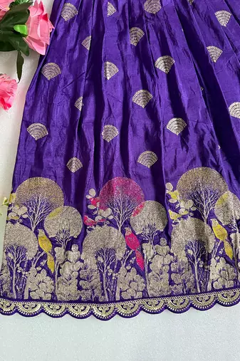 Purple pure viscose dola silk with embroidery border lace lehenga choli for kids