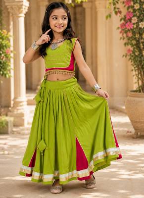 Parrotgreen rayon cotton lace work lehenga choli for kids 1