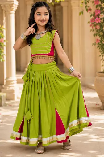 Parrotgreen rayon cotton lace work lehenga choli for kids