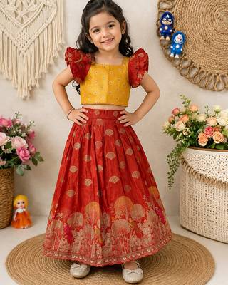 Red pure viscose dola silk with embroidery border lace lehenga choli for kids 1