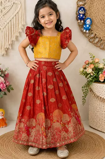 Red pure viscose dola silk with embroidery border lace lehenga choli for kids