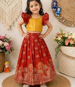 Red pure viscose dola silk with embroidery border lace lehenga choli for kids