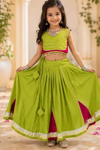 Parrotgreen rayon cotton lace work lehenga choli for kids