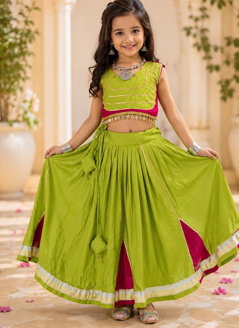 Parrotgreen rayon cotton lace work lehenga choli for kids