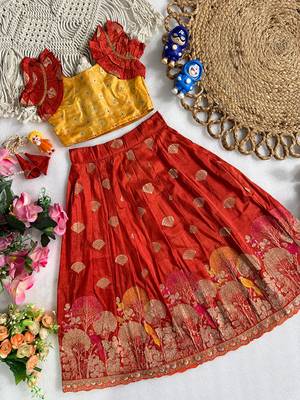Red pure viscose dola silk with embroidery border lace lehenga choli for kids 2