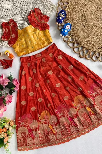 Red pure viscose dola silk with embroidery border lace lehenga choli for kids