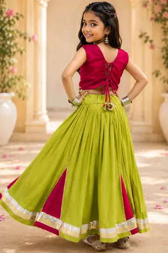 Parrotgreen rayon cotton lace work lehenga choli for kids