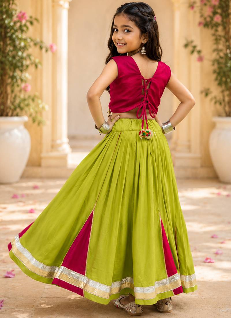 Parrotgreen rayon cotton lace work lehenga choli for kids