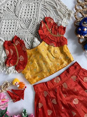 Red pure viscose dola silk with embroidery border lace lehenga choli for kids 3