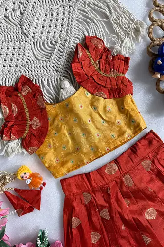 Red pure viscose dola silk with embroidery border lace lehenga choli for kids