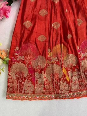 Red pure viscose dola silk with embroidery border lace lehenga choli for kids 4
