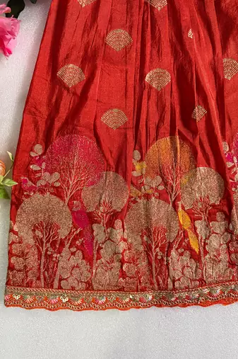 Red pure viscose dola silk with embroidery border lace lehenga choli for kids