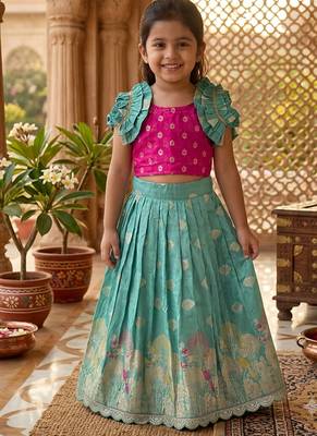 Skyblue pure viscose dola silk with embroidery border lace lehenga choli for kids 1