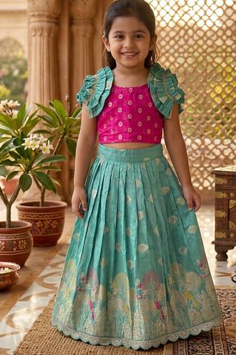Skyblue pure viscose dola silk with embroidery border lace lehenga choli for kids