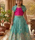 Skyblue pure viscose dola silk with embroidery border lace lehenga choli for kids