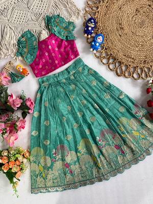 Skyblue pure viscose dola silk with embroidery border lace lehenga choli for kids 2