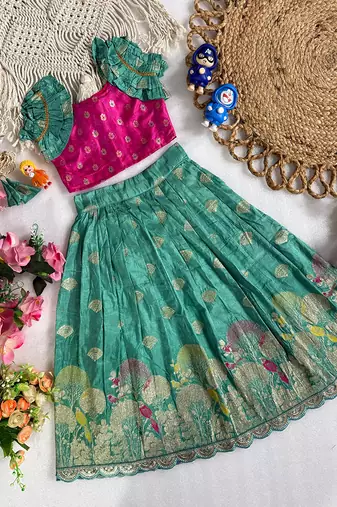 Skyblue pure viscose dola silk with embroidery border lace lehenga choli for kids