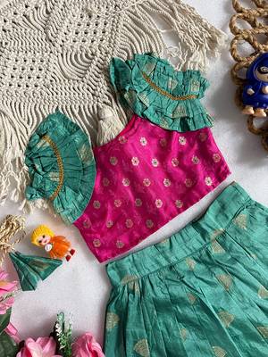 Skyblue pure viscose dola silk with embroidery border lace lehenga choli for kids 3
