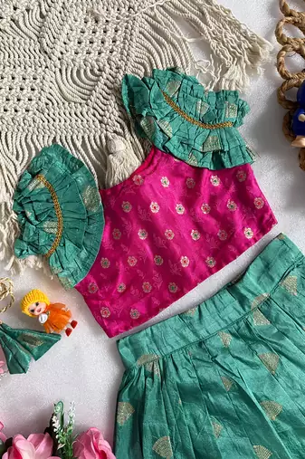 Skyblue pure viscose dola silk with embroidery border lace lehenga choli for kids