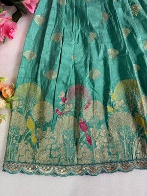 Skyblue pure viscose dola silk with embroidery border lace lehenga choli for kids 4