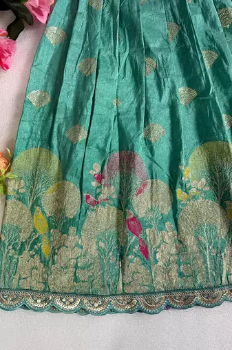 Skyblue pure viscose dola silk with embroidery border lace lehenga choli for kids