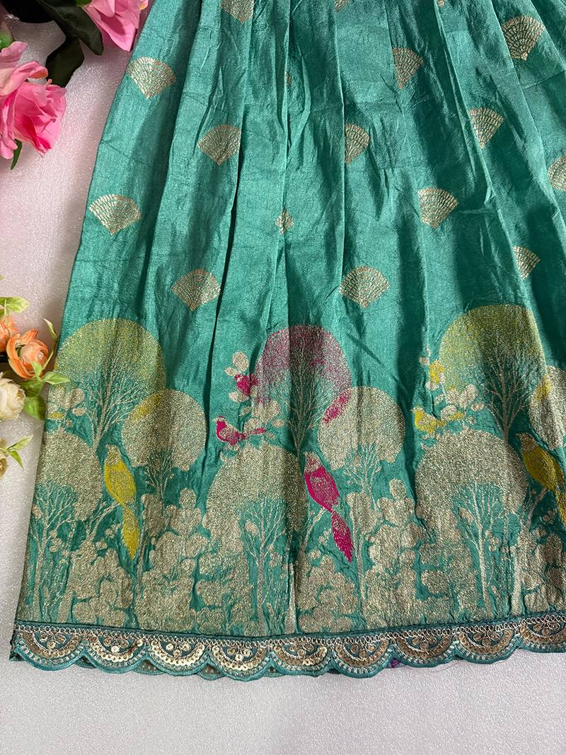 Skyblue pure viscose dola silk with embroidery border lace lehenga choli for kids