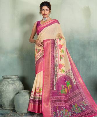 Beige floral linen kalamkari saree with blouse 1