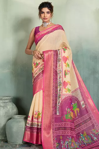 Beige floral linen kalamkari saree with blouse