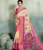 Beige floral linen kalamkari saree with blouse