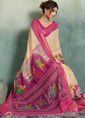 Beige floral linen kalamkari saree with blouse 2