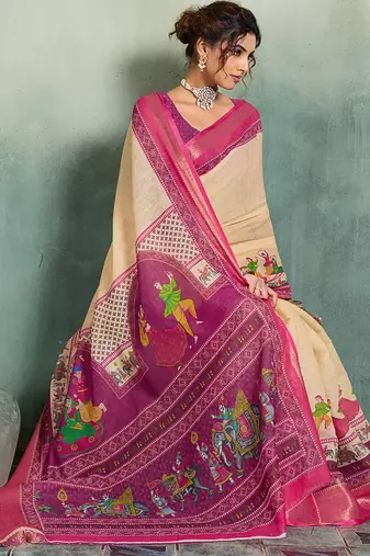 Beige floral linen kalamkari saree with blouse