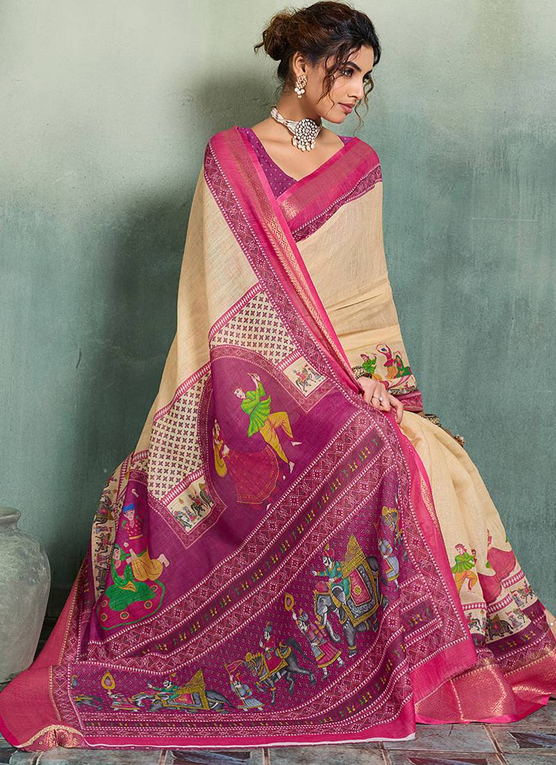 Beige floral linen kalamkari saree with blouse