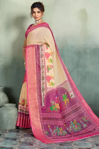 Beige floral linen kalamkari saree with blouse
