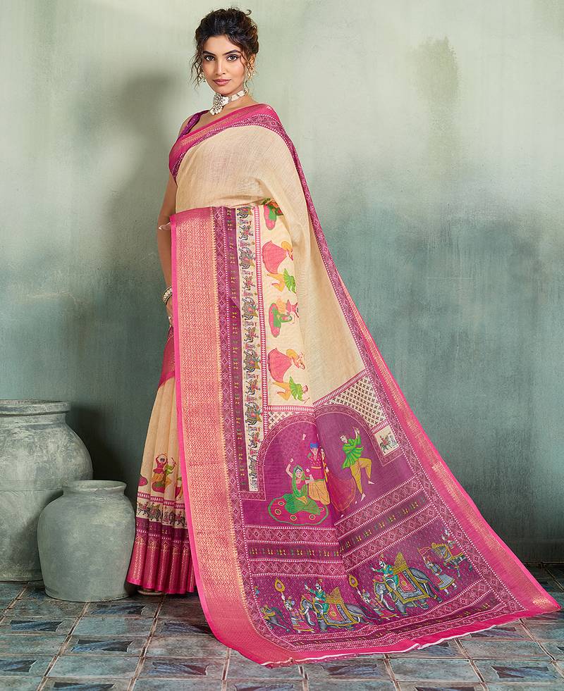 Beige floral linen kalamkari saree with blouse