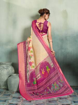 Beige floral linen kalamkari saree with blouse 4