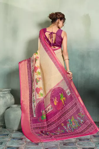 Beige floral linen kalamkari saree with blouse