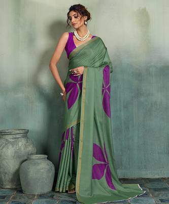 green floral cotton blend bollywood saree with blouse 1