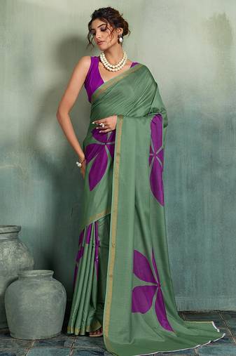 green floral cotton blend bollywood saree with blouse
