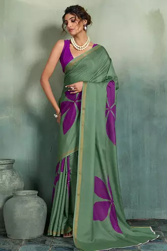 green floral cotton blend bollywood saree with blouse