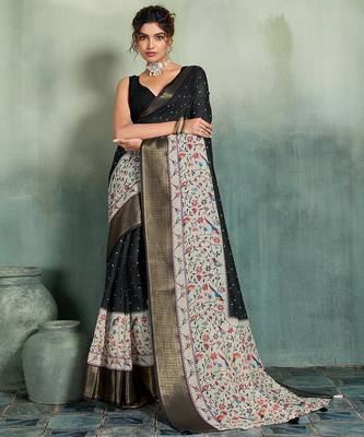 Black floral polka linen bollywood saree with blouse 1